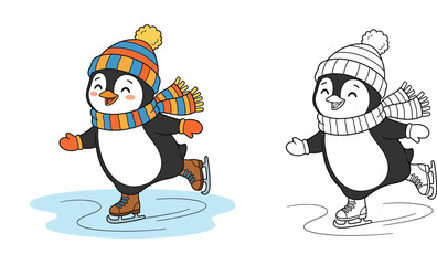Fototapeta premium Cute Cartoon Penguin Ice Skating Winter Illustration with Coloring Page Outline for Kids