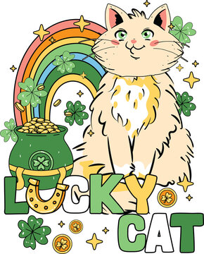 St. Patrick's Day Lucky Cat illustration, festive feline with rainbow and pot of gold, Irish holiday lucky cat graphic