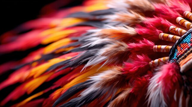 A close-up view shows vibrant feathers in red, orange, yellow, and black, embodying the rich cultural heritage and artistry of Native American traditions.