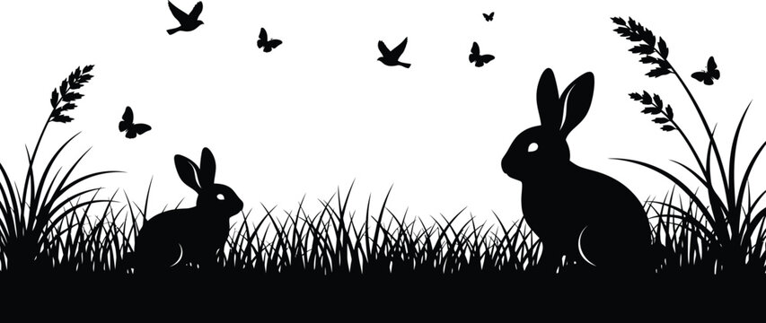 Silhouette illustration of wild rabbits in grassy meadow with silhouette wildlife butterfly