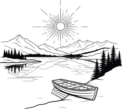 Black and white line art landscape with boat and sun landscape mountain wilderness peaceful