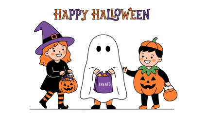 Happy Halloween Children: Three happy children dressed in Halloween costumes, witch, ghost, and pumpkin, holding candy bags, celebrating the holiday.