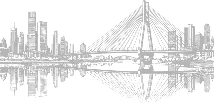 Sketch illustration of a city bridge and skyline with architecture metropolitan landscape