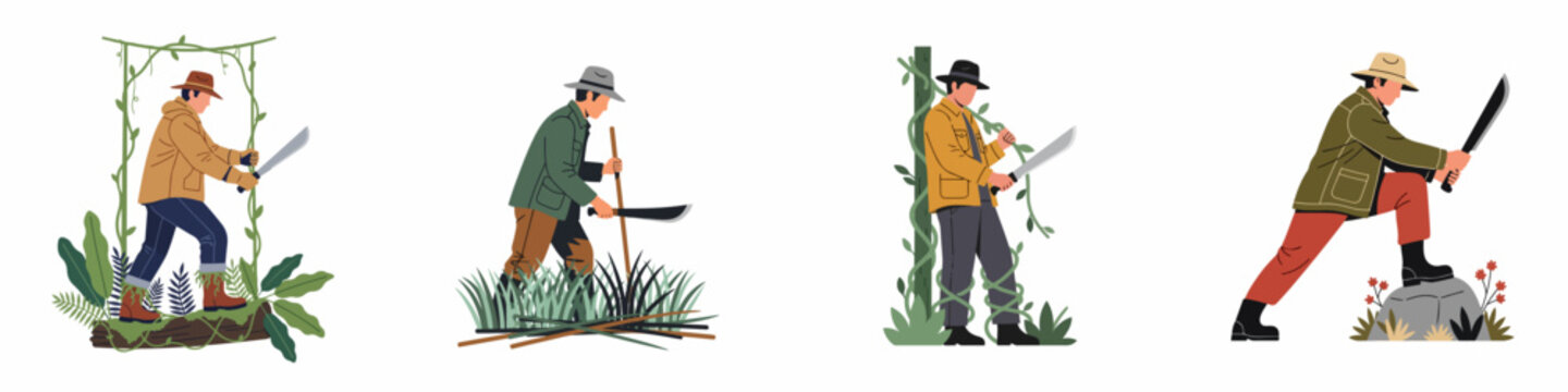 Flat vector illustration set of a male explorer adventurer using a machete to navigate through a dense tropical jungle environment.