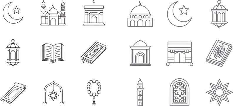 Islamic line icon set with mosque lantern quran crescent moon and kaaba vector elements for ramadan and eid design