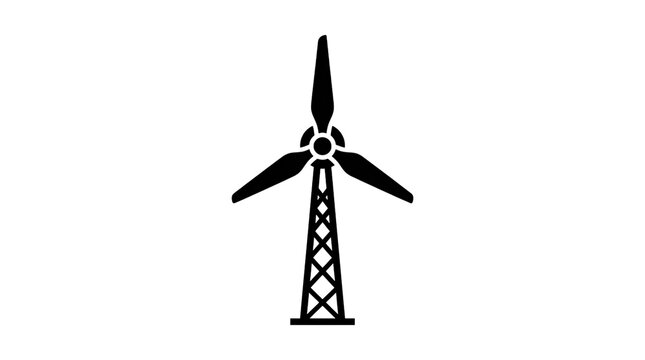 Minimalist wind turbine icon, black silhouette of renewable energy windmill, clean sustainable power generator symbol on white background