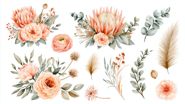 Watercolor floral collection featuring peach protea, blush roses, eucalyptus leaves, and pampas grass. Elegant bohemian botanical elements for wedding invitations, greeting cards, and scrapbooking