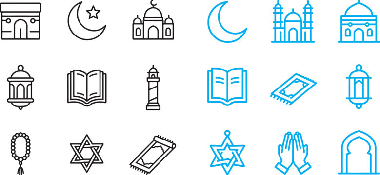 Islamic line icon set with mosque quran kaaba crescent moon prayer rug lantern and praying hands vector illustration