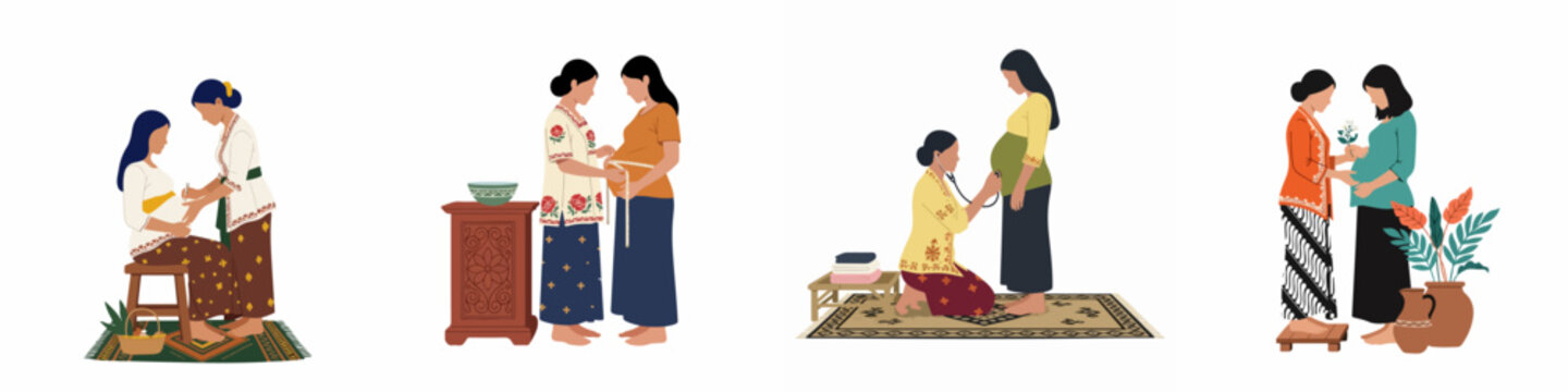 Traditional Indonesian Midwife Caring for Pregnant Women in Four Different Prenatal Checkup Scenes