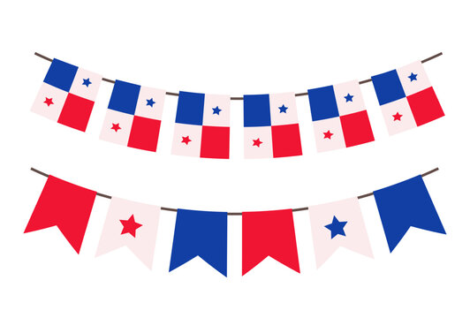 Panama flag bunting garland. Panamanian flag pennant and flag banner vector illustration isolated on white. Perfect for national celebration, festival, party decoration, travel, and patriotic design.