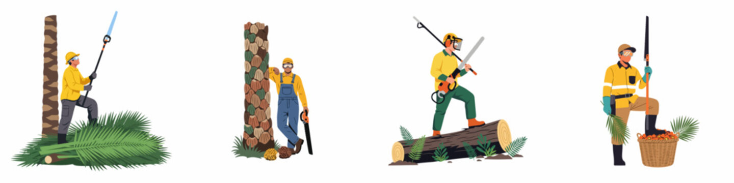 Set of illustrations depicting professional arborists and tree maintenance workers pruning palm trees and harvesting fruit using chainsaws and pole saws.