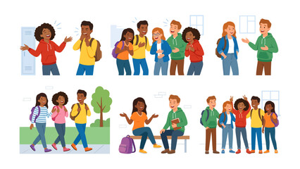 Fototapeta premium School Days: A collection of vibrant illustrations depicting the everyday life of diverse students, capturing moments of friendship, learning, and social interaction within a school environment.