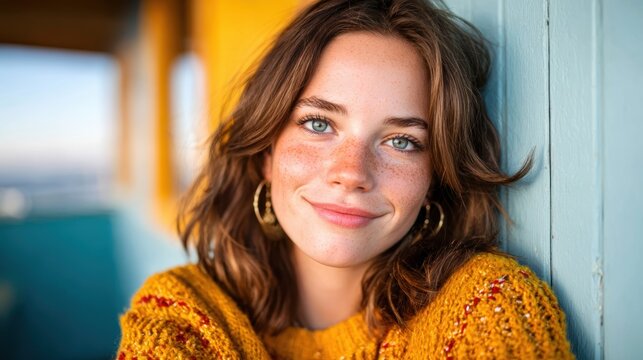 A smiling woman with freckled skin leans against a colorful wall, radiating warmth and comfort, capturing the essence of joy and personal expression in everyday life.