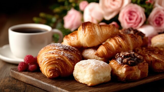 An assortment of delicious pastries artfully arranged on a wooden table, accompanied by a steaming cup of coffee and fresh flowers, inviting indulgence in a warm atmosphere.
