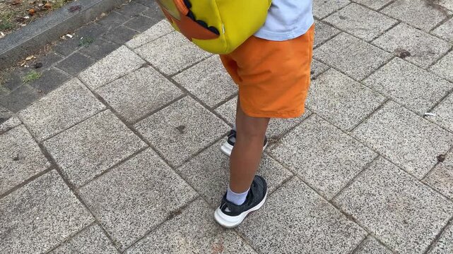 A small child wearing a bright yellow dinosaur backpack walks eagerly down a gravel path. He steps forward with playful curiosity on a sunny outdoor adventure.