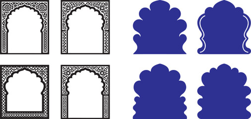 Traditional Indian Mughal arch frames and blue silhouette windows vector set for decorative design and invitations © Muhammad