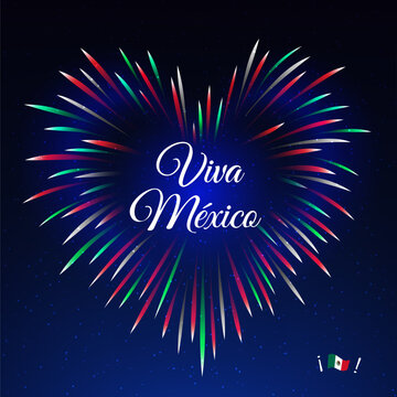 September 16 mexico independence day, mexican colorful heart shaped fireworks flag on night sky. National holiday september 16th independence day. Greeting card. Vector. Translation Long live Mexico