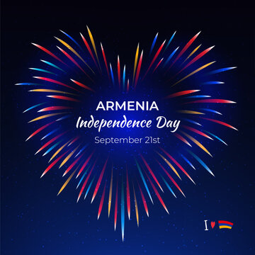 September 21, armenia independence day, armenian colorful heart shaped fireworks flag on blue night sky. National holiday september 21st independence day of armenia. Greeting card. Vector illustration