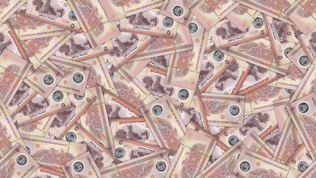 Finance illustration. Seamless pattern. Disorganized scattered plastic banknotes of 5 dirhams United Arab Emirates. UAE money. Textured arabic background or wallpaper. Obverse and reverse. dirham