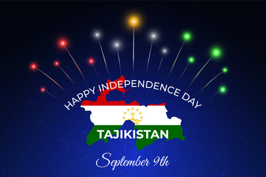 September 9, tajikistan independence day. Tajik map, flag fireworks on dark sky. National holiday september 9th tajikistan independence day. Greeting card with fireworks, flag. Vector illustration