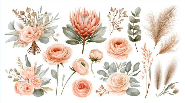 Elegant watercolor botanical collection featuring delicate blush pink roses, a majestic protea flower, soft pampas grass plumes, and various dried floral elements with eucalyptus leaves, perfect for