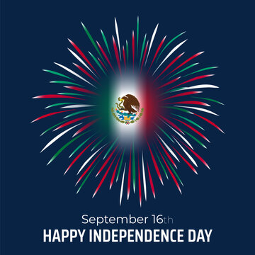 September 16 mexico independence day, mexican colorful fireworks flag, eagle emblem on dark blue sky. Mexico national holiday independence day is september 16th. Greeting card. Vector illustration