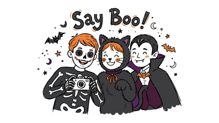 Halloween Fun: Three cheerful children in spooky Halloween costumes — a skeleton, a cat, and a vampire — pose for a selfie with a vintage camera, surrounded by festive decorations.