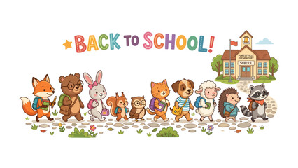 Naklejka premium Back to School Animals: A charming group of anthropomorphic animals, including a fox, bear, rabbit, squirrel, owl, cat, dog, sheep, hedgehog, and raccoon, happily walk towards a school building.
