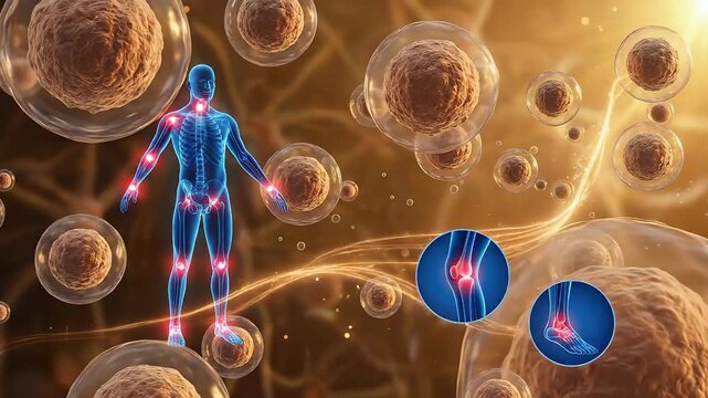 Human skeletal system, cellular repair process for regenerative medicine treatment, biological therapy targeting joint pain, microscopic activity, scientific research, health care, body healing.