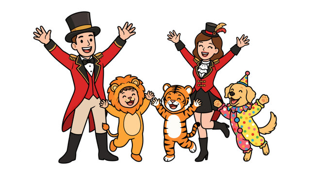 Circus Family Celebration: A charismatic ringmaster and his joyful partner lead a troupe of children in whimsical animal costumes and a playful dog in a colorful circus performance.