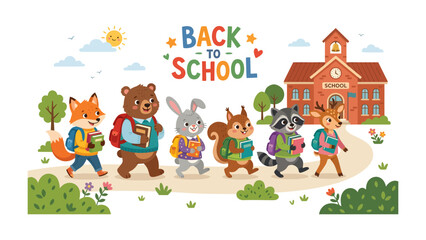 Fototapeta premium Cute Animals Go Back to School: A charming group of anthropomorphic animals, including a fox, bear, rabbit, squirrel, raccoon, and deer, joyfully walk towards a school building.