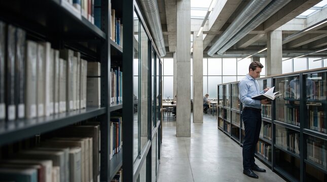 Focused young man browsing bookshelves in bright modern university library. Concept of self-guided research, university resource use, focused book browsing.