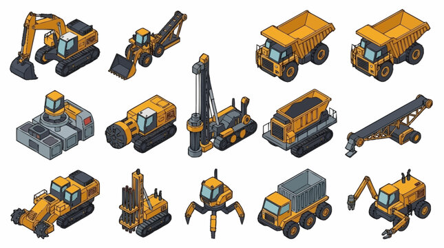 Collection of colorful construction vehicles in isometric style.