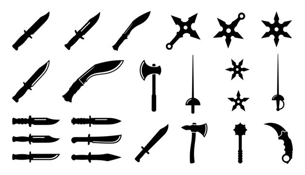 Set of various ancient and modern blade weapon silhouettes with silhouette military collection karambit throwing historical tactical