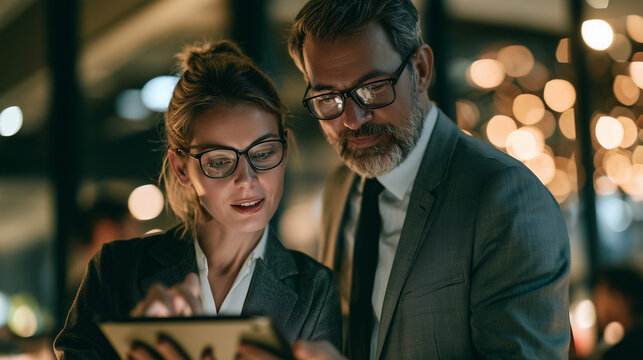 Two colleagues discussing internship program logistics on a tablet, medium shot, modern office background bokeh, candid business photography