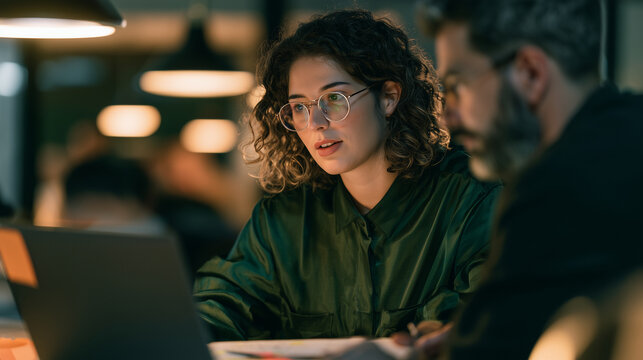 An HR manager reviewing exit survey feedback with a colleague, waist-up shot at a desk, laptop with notes, warm office lighting, realistic candid photo