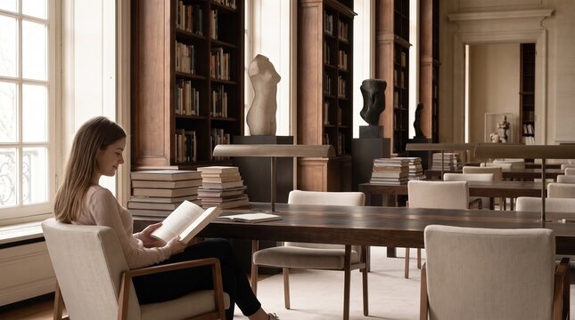 Young woman reading book at table in quiet historic library interior. Concept of academic reading session, humanities research, quiet library routine.