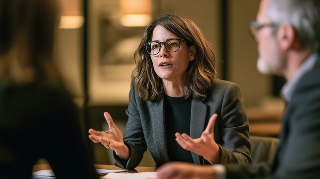 An HR specialist briefing a manager on a new performance review cycle, waist-up shot at a desk, documents visible, warm office lighting, realistic photo