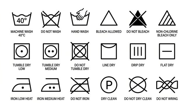 Collection of black and white laundry care symbols and washing instructions icons.