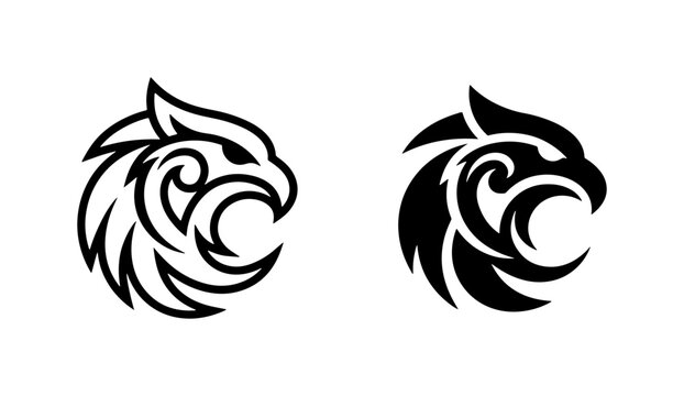 Tribal Eagle Head Vector Icons, Fierce Bird Silhouette, Mythical Creature Logo Graphics, Black and White