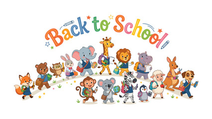 Fototapeta premium Back to School Animals: A cheerful parade of anthropomorphic animal characters, including a fox, bear, rabbit, elephant, giraffe, lion, and zebra, all dressed in school attire and carrying backpacks.