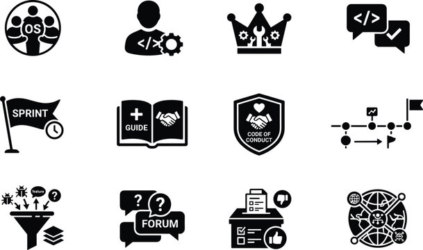 Open Source Software Development Community Icons Set for Agile Projects Contributor Guidelines and Project Management Workflow vector design