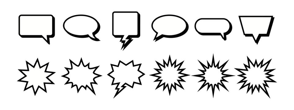 Variety of speech bubbles and comic style explosion callouts on white background for graphic design with explosion dialogue communication