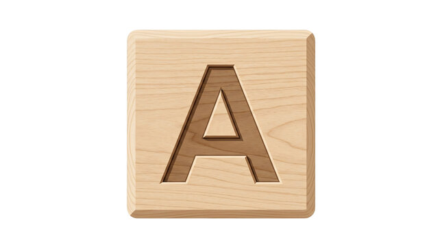 Wooden alphabet block with letter A, natural pine wood toy cube for education, single timber block isolated on white background