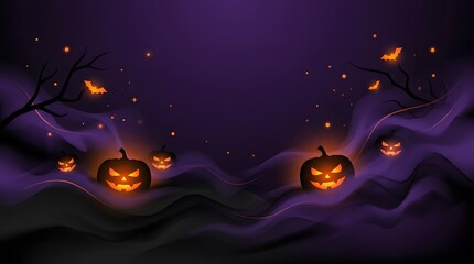 Naklejka premium Glowing jack-o'-lanterns with silhouettes of bare tree branches and flying bats on purple smoke desi