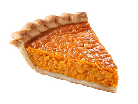 Slice of classic sweet potato pie with rich creamy filling and flaky pastry crust, isolated on white background.
