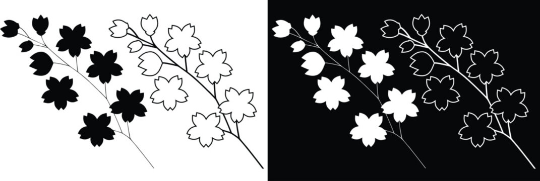 Cherry blossom branch vector icon set with filled silhouette and outline styles on split background