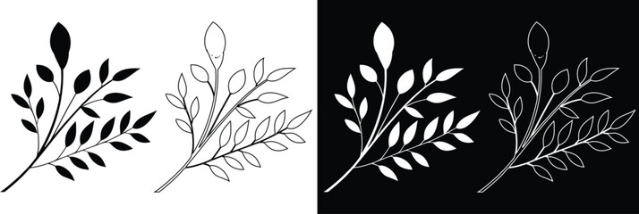 Fototapeta premium Leafy plant branch vector set with leaf silhouettes and line art outlines isolated on split contrast background
