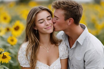 Fototapeta premium Young couple sharing a tender moment in a sunflower field during golden hour