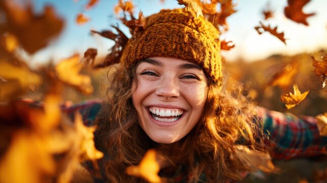 A joyful woman in a colorful knit hat throws leaves into the air, celebrating the beauty of autumn, radiating happiness and connection with nature's seasonal change.